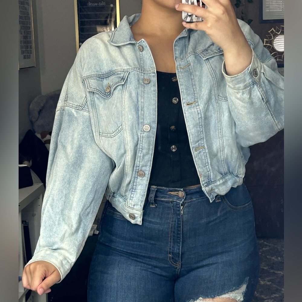Semi-cropped Medium Light Blue Jean Jacket
